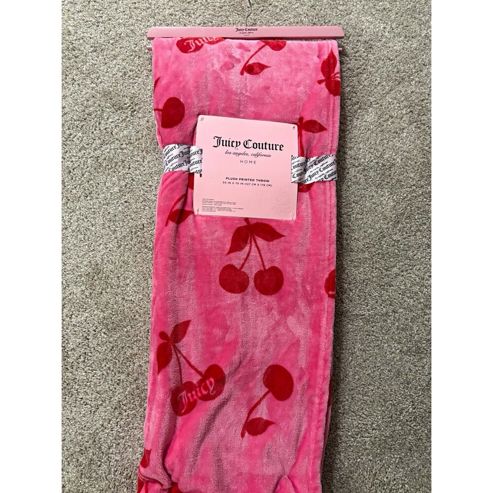 Juicy Couture Plush Printed Throw Blanket Cherry Pattern Pink/Red 50x70 in